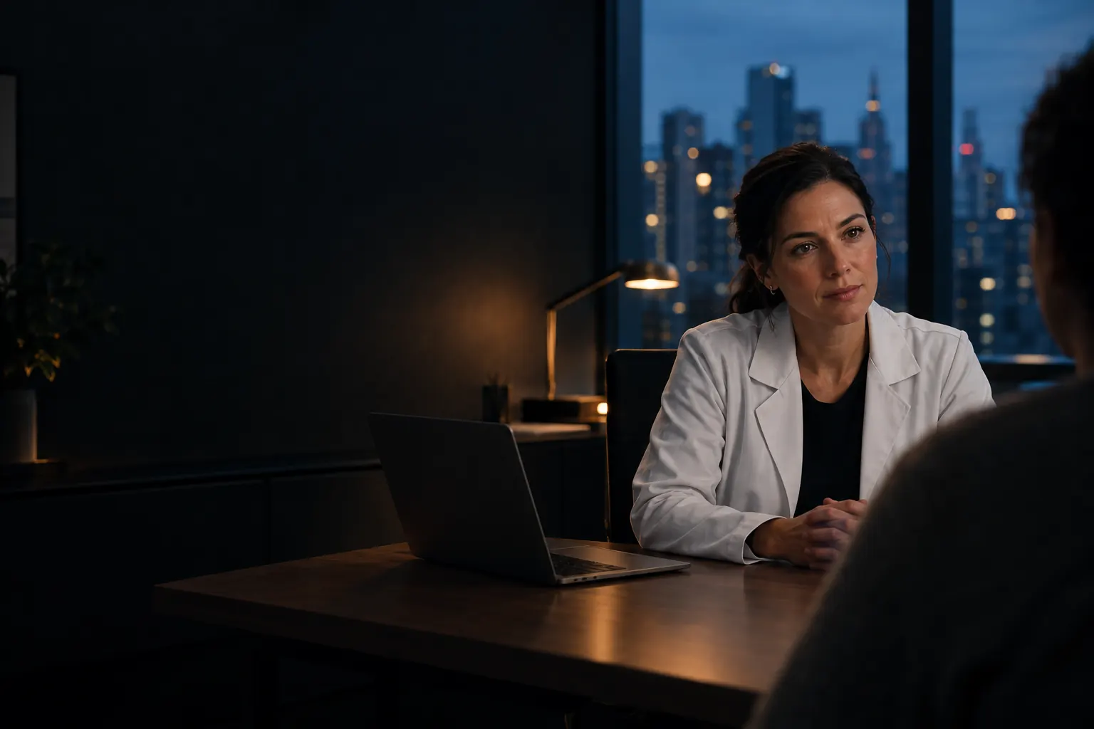 Médica atendendo em consultório moderno, à noite