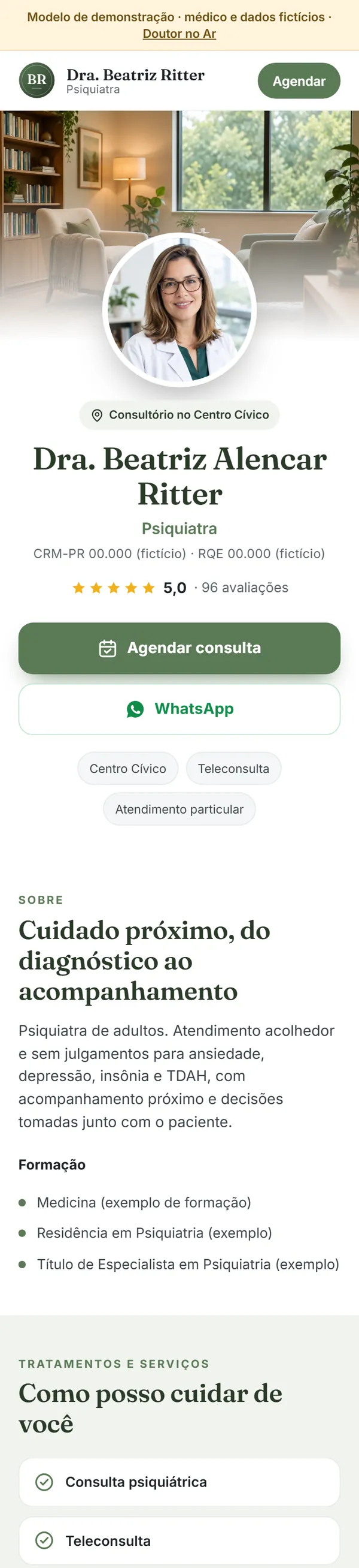 Exemplo de site de psiquiatra (modelo de demonstração)